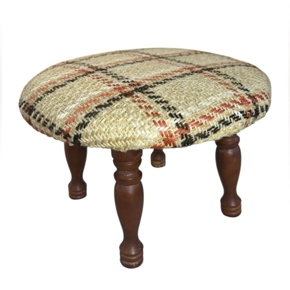 SOLD ❤️ Mid Century CRAWFORD Vintage Plaid Footstool Tan Orange Brown + Wooden - Picture 1 of 10